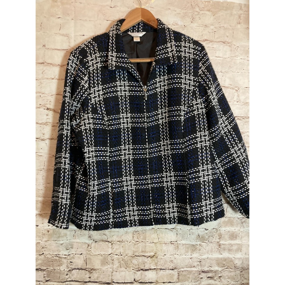 Christopher & Banks Tweed Jacket Womens Petite XXL Black & Blue Plaid Full Zip